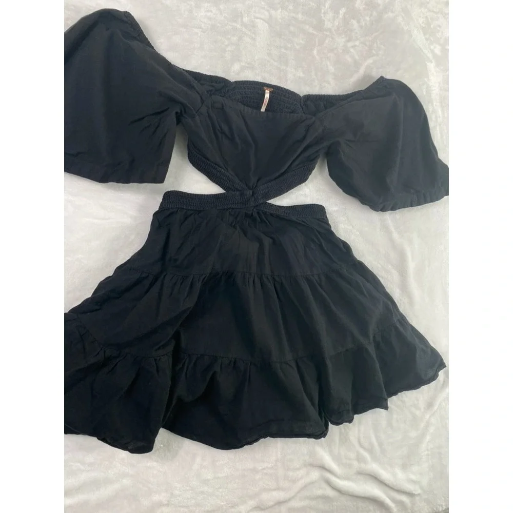 Free People Cross Of Sunlight Mini Dress Sz XS Black Cut Out Linen Blend Summer